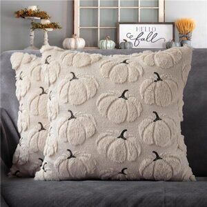 Fall Pumpkins Decorative Pillow Covers 18x18 Set of 2 Beige Soft Plush Faux Fur